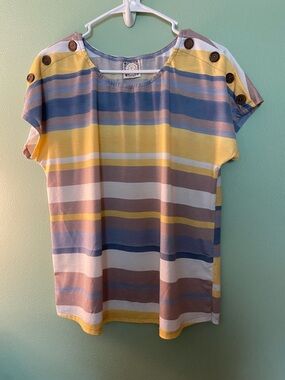 Truself Women’s Striped Short Sleeve Top in Yellow & Blue